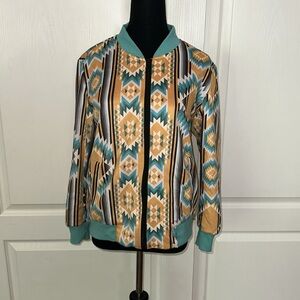 CRAZY TRAIN YELLOW & BLUE AZTEC GEOMETRIC WESTERN COUNTRY COWGIRL BOMBER JACKET